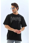 Unisex Oversize Taşlı Bisiklet Yaka T-Shirt - Siyah