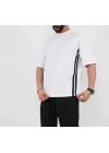 Unisex Oversize Yanları Şeritli T-Shirt - Beyaz