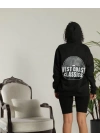 Unisex Sırt Baskılı Kapüşonlu Üç İplik Oversize Sweatshirt - Siyah