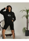 Unisex Sırt Baskılı Kapüşonlu Üç İplik Oversize Sweatshirt - Siyah