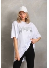 Unisex Taş Desenli Oversize T-Shirt - Beyaz