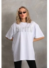 Unisex Taş Desenli Oversize T-Shirt - Beyaz