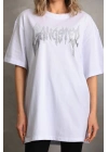Unisex Taş Desenli Oversize T-Shirt - Beyaz
