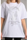 Unisex Taş Desenli Oversize T-Shirt - Beyaz