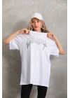 Unisex Taş Desenli Oversize T-Shirt - Beyaz