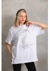 Unisex Taş Desenli Oversize T-Shirt - Beyaz