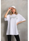 Unisex Taş Desenli Oversize T-Shirt - Beyaz