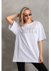 Unisex Taş Desenli Oversize T-Shirt - Beyaz