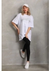 Unisex Taş Desenli Oversize T-Shirt - Beyaz