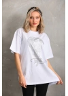 Unisex Taş Desenli Oversize T-Shirt - Beyaz