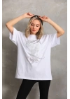 Unisex Taş Desenli Oversize T-Shirt - Beyaz
