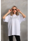 Unisex Taş Desenli Oversize T-Shirt - Beyaz