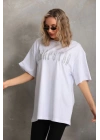 Unisex Taş Desenli Oversize T-Shirt - Beyaz