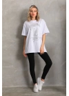 Unisex Taş Desenli Oversize T-Shirt - Beyaz