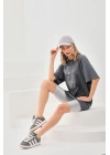 Unisex Taş Desenli Oversize T-Shirt - Füme