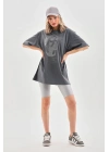 Unisex Taş Desenli Oversize T-Shirt - Füme