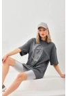 Unisex Taş Desenli Oversize T-Shirt - Füme