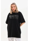Unisex Taş Desenli Oversize T-Shirt - Siyah