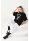 Unisex Taş Desenli Oversize T-Shirt - Siyah