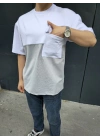 Unisex Torba Cep Detaylı Parçalı T-Shirt - Gri