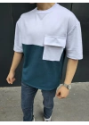 Unisex Torba Cep Detaylı Parçalı T-Shirt - Lacivert