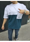 Unisex Torba Cep Detaylı Parçalı T-Shirt - Lacivert