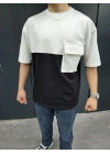 Unisex Torba Cep Detaylı Parçalı T-Shirt - Siyah