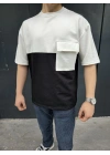 Unisex Torba Cep Detaylı Parçalı T-Shirt - Siyah