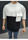 Unisex Torba Cep Detaylı Parçalı T-Shirt - Siyah
