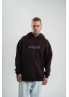 Unisex Üç İplik Kapşonlu Nakışlı SweatShirt - Kahve