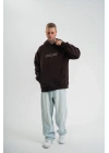 Unisex Üç İplik Kapşonlu Nakışlı SweatShirt - Kahve
