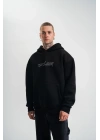 Unisex Üç İplik Kapşonlu Nakışlı SweatShirt - Siyah