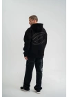 Unisex Üç İplik Kapşonlu Nakışlı SweatShirt - Siyah