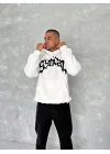 Unisex Üç İplik Kapüşonlu Baskılı SweatShirt - Beyaz