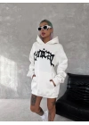 Unisex Üç İplik Kapüşonlu Baskılı SweatShirt - Beyaz