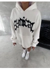 Unisex Üç İplik Kapüşonlu Baskılı SweatShirt - Beyaz