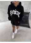 Unisex Üç İplik Kapüşonlu Baskılı SweatShirt - Siyah