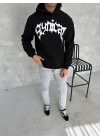 Unisex Üç İplik Kapüşonlu Baskılı SweatShirt - Siyah