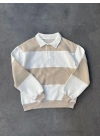 Unisex Üç İplik Parçalı Yakalı SweatShirt - Bej