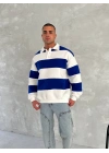 Unisex Üç İplik Parçalı Yakalı SweatShirt - Mavi