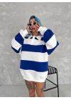 Unisex Üç İplik Parçalı Yakalı SweatShirt - Mavi