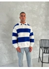 Unisex Üç İplik Parçalı Yakalı SweatShirt - Mavi