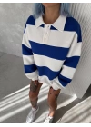 Unisex Üç İplik Parçalı Yakalı SweatShirt - Mavi