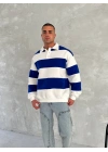 Unisex Üç İplik Parçalı Yakalı SweatShirt - Mavi