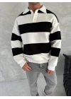 Unisex Üç İplik Parçalı Yakalı SweatShirt - Siyah