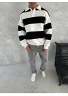 Unisex Üç İplik Parçalı Yakalı SweatShirt - Siyah