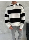 Unisex Üç İplik Parçalı Yakalı SweatShirt - Siyah