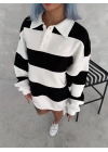 Unisex Üç İplik Parçalı Yakalı SweatShirt - Siyah