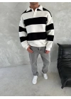 Unisex Üç İplik Parçalı Yakalı SweatShirt - Siyah
