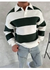 Unisex Üç İplik Parçalı Yakalı SweatShirt - Yeşil